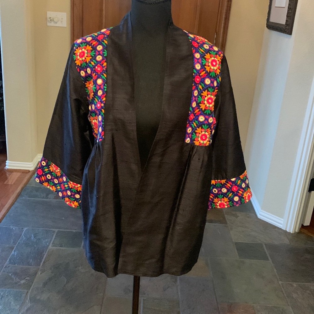 Fabulous black Jacket by ANU with gorgeous bright multi colored embroidery. Sz:S